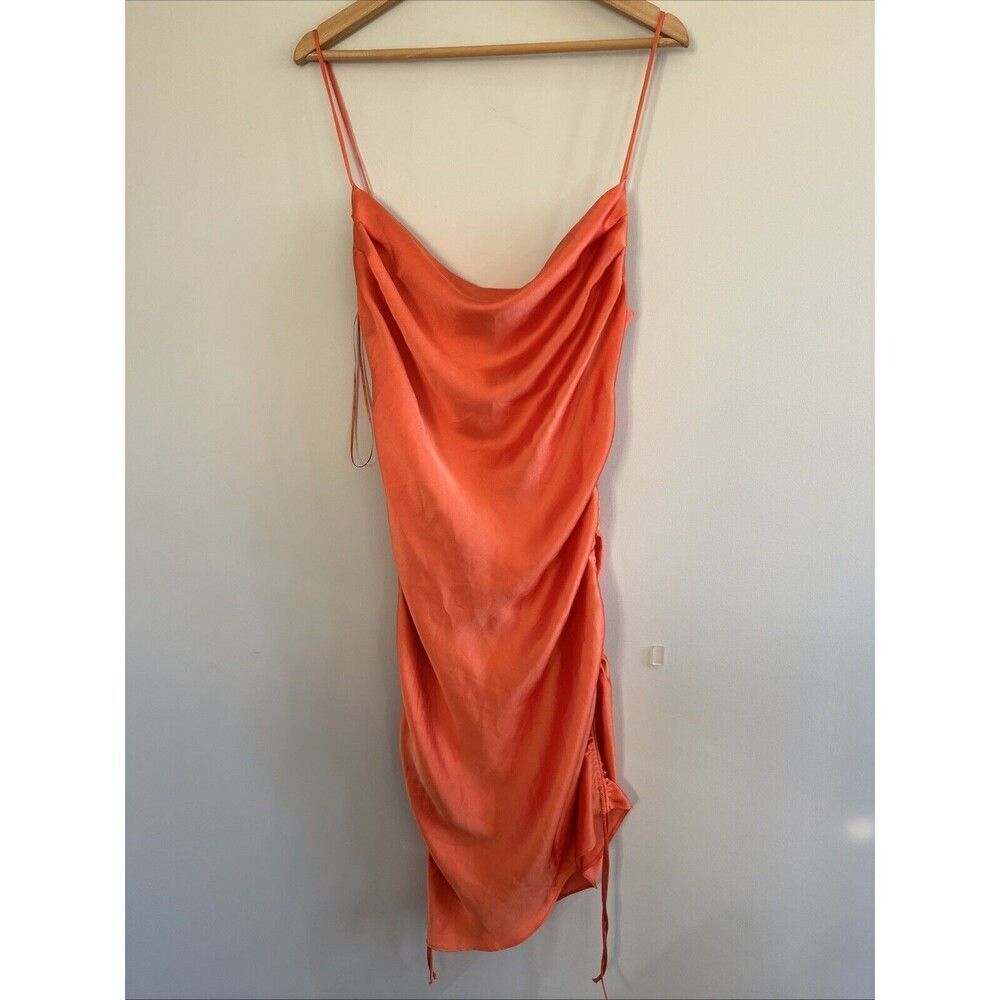 Zara Dress Women's Large Orange Ruched Strappy Sexy Night Out Satin Drape